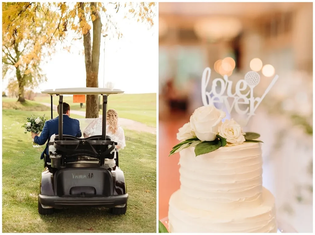 Bride and groom exit on golf cart & wedding cake